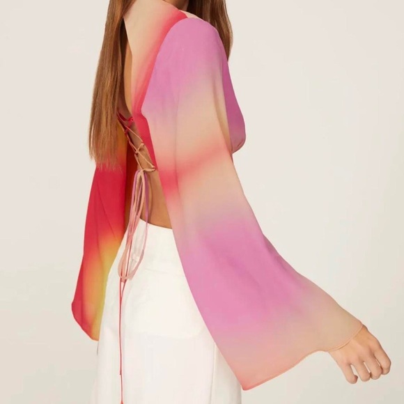 Nicole Miller Runway Crop Top 70s Ombré Silk Laced Open Back Flare Long Sleeve - Picture 4 of 8